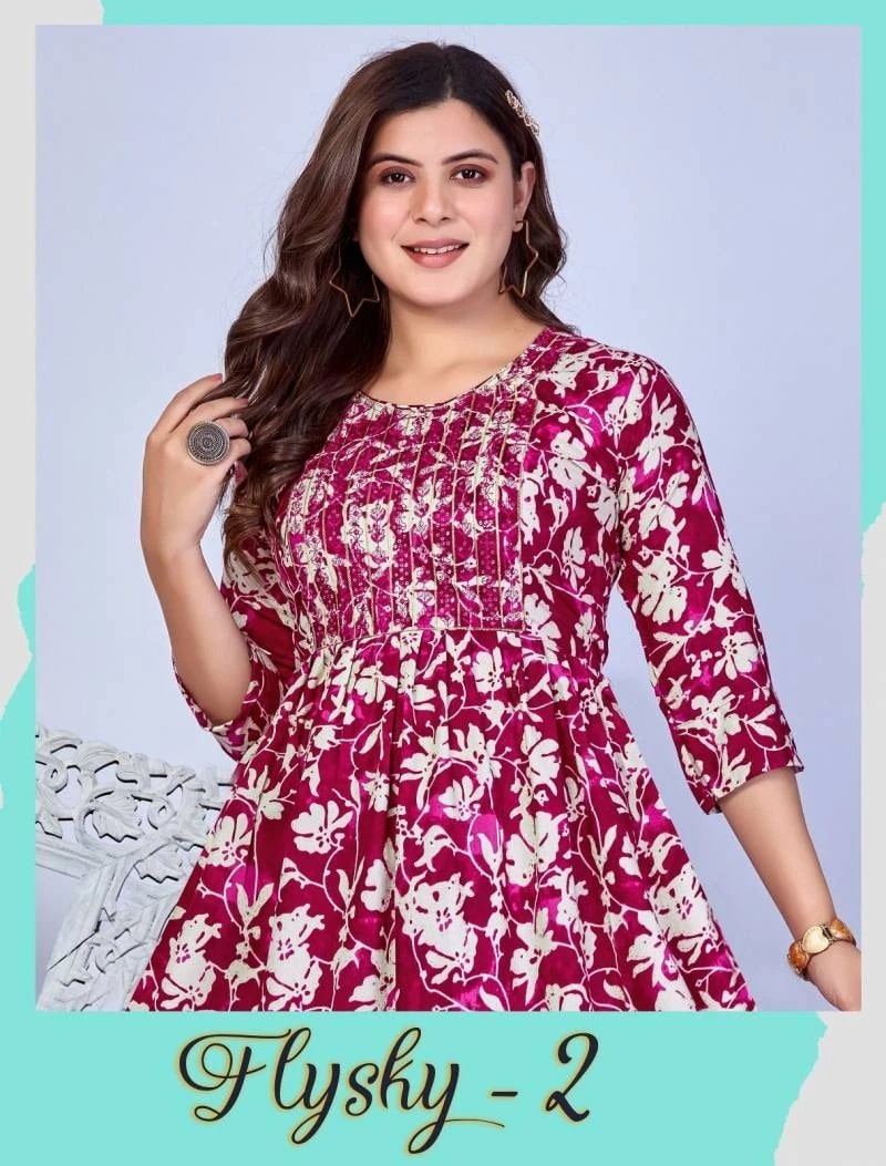 Fashion Talk Flysky 2 Foil Printed Embroidery Short Kurti Collection