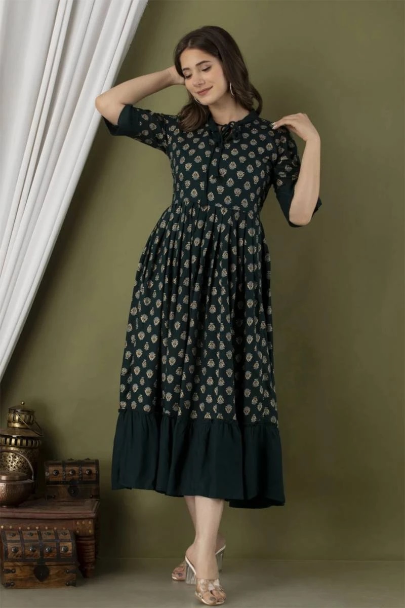 Nemisha 1 Foil Printed Green Long Kurti Collection