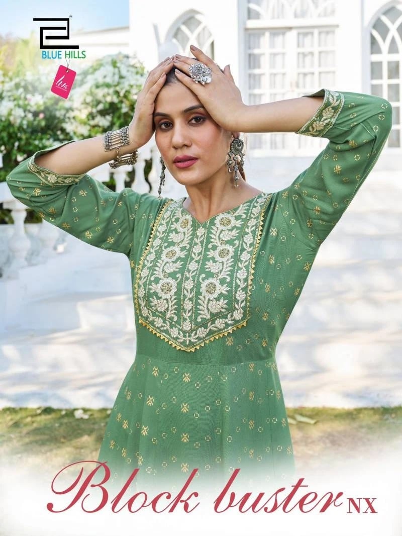 Blue Hills Block Buster Nx Foil Print Anarkali Long Kurti Collection