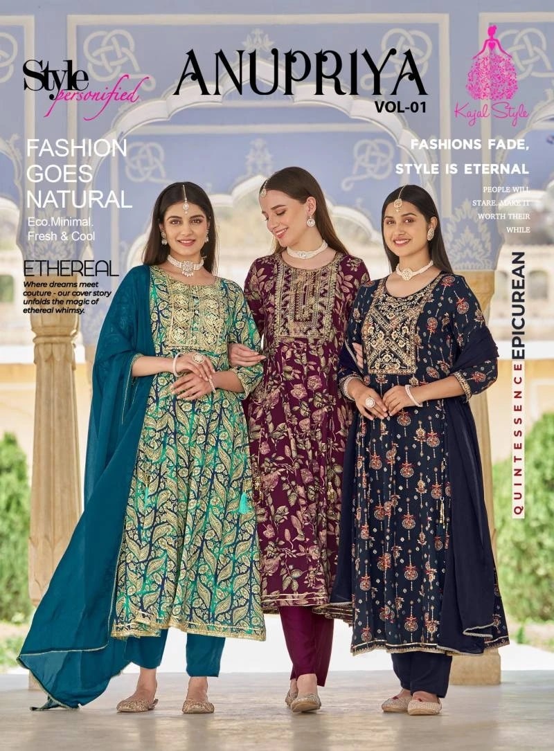 Anupriya Vol 1 By Kajal Style Embroidery Kurti Pant With Dupatta