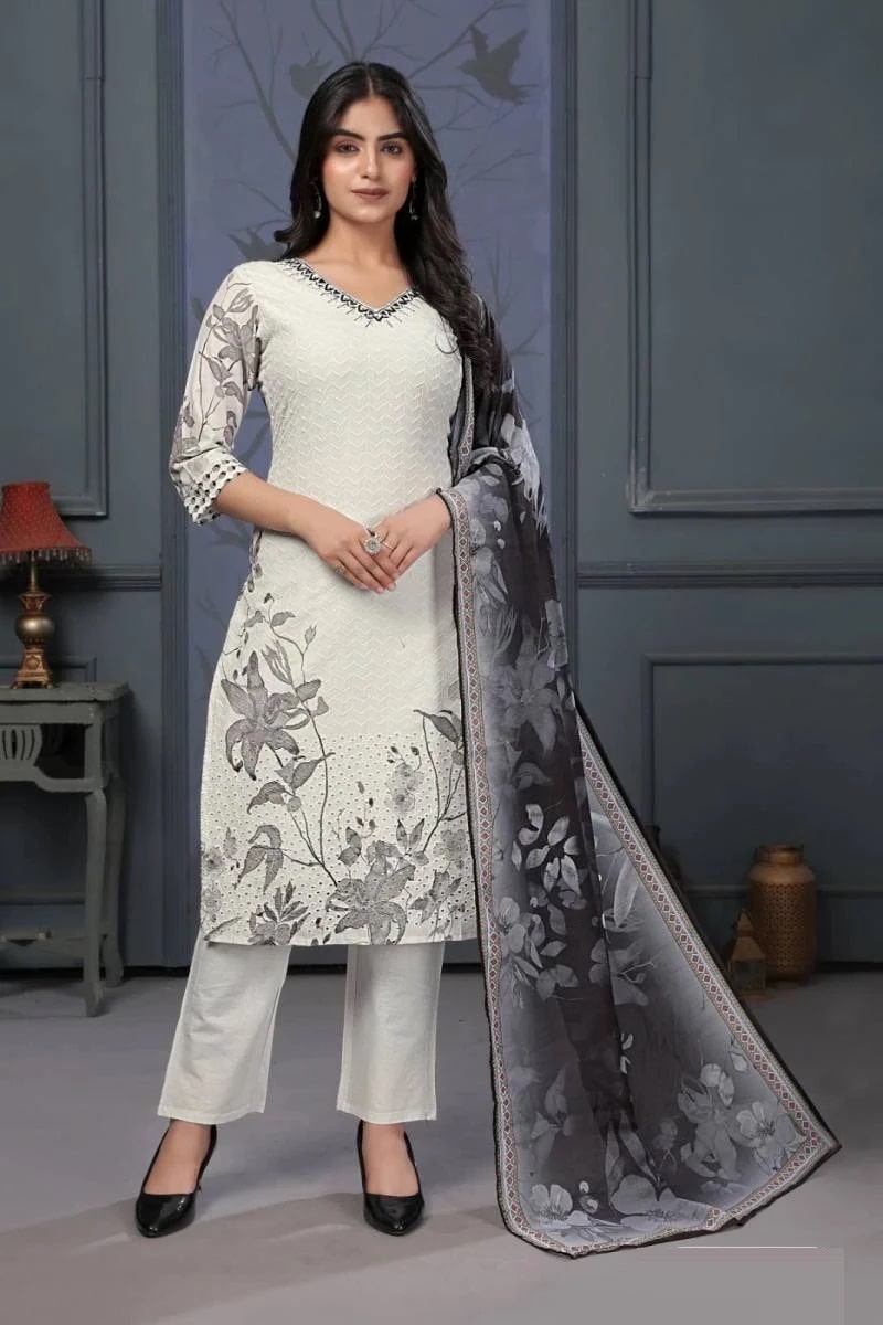 Ladyview 152 Cotton Schiffli Work Kurti Bottom With Dupatta