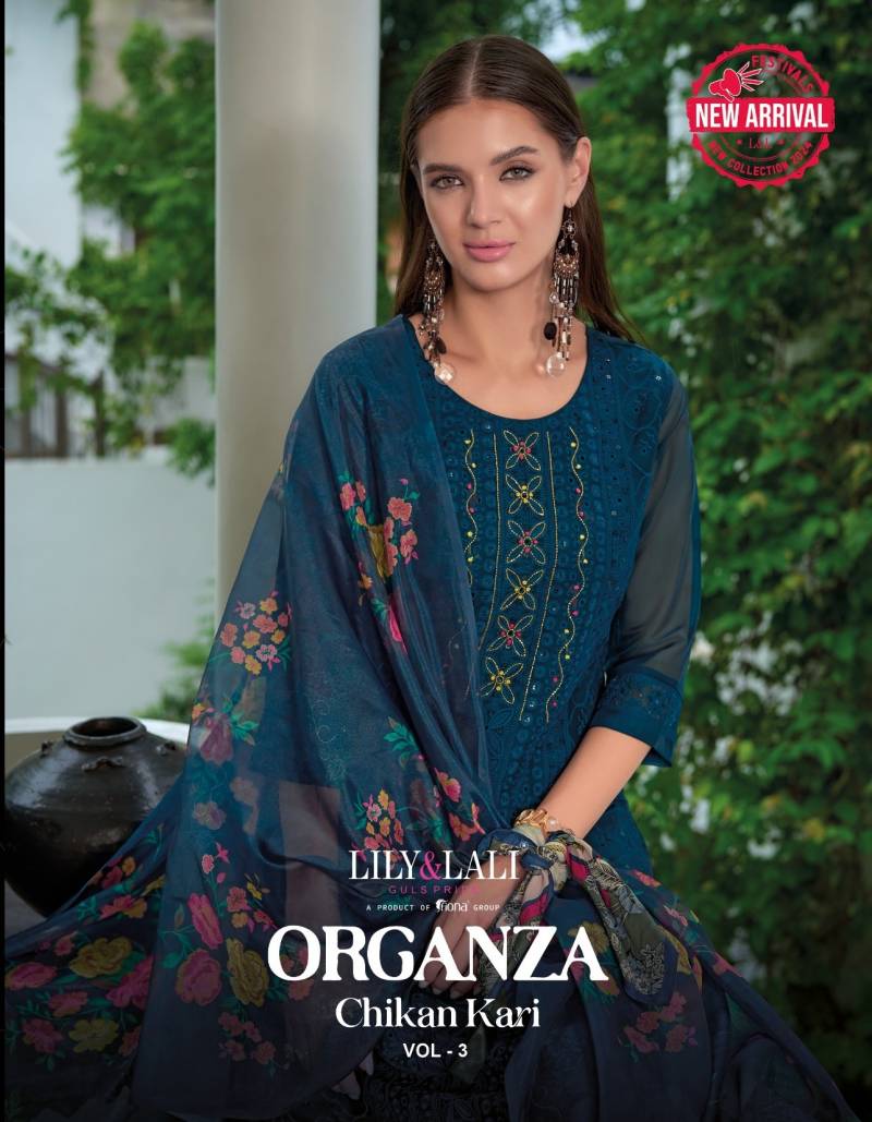 Lily And Lali Vol 3 Organza Chikankari Kurti Pant With Dupatta