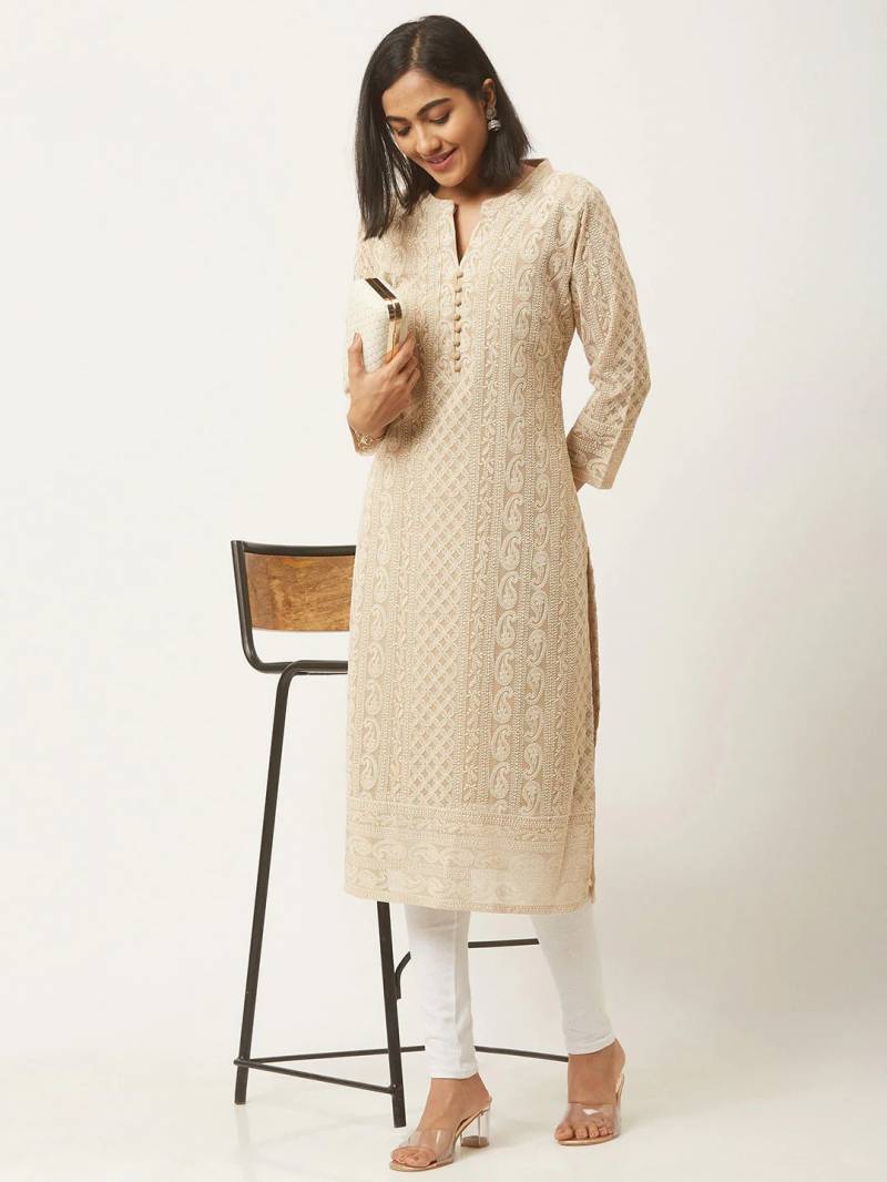 Hiba Beige Georgette Designer Kurti Collection