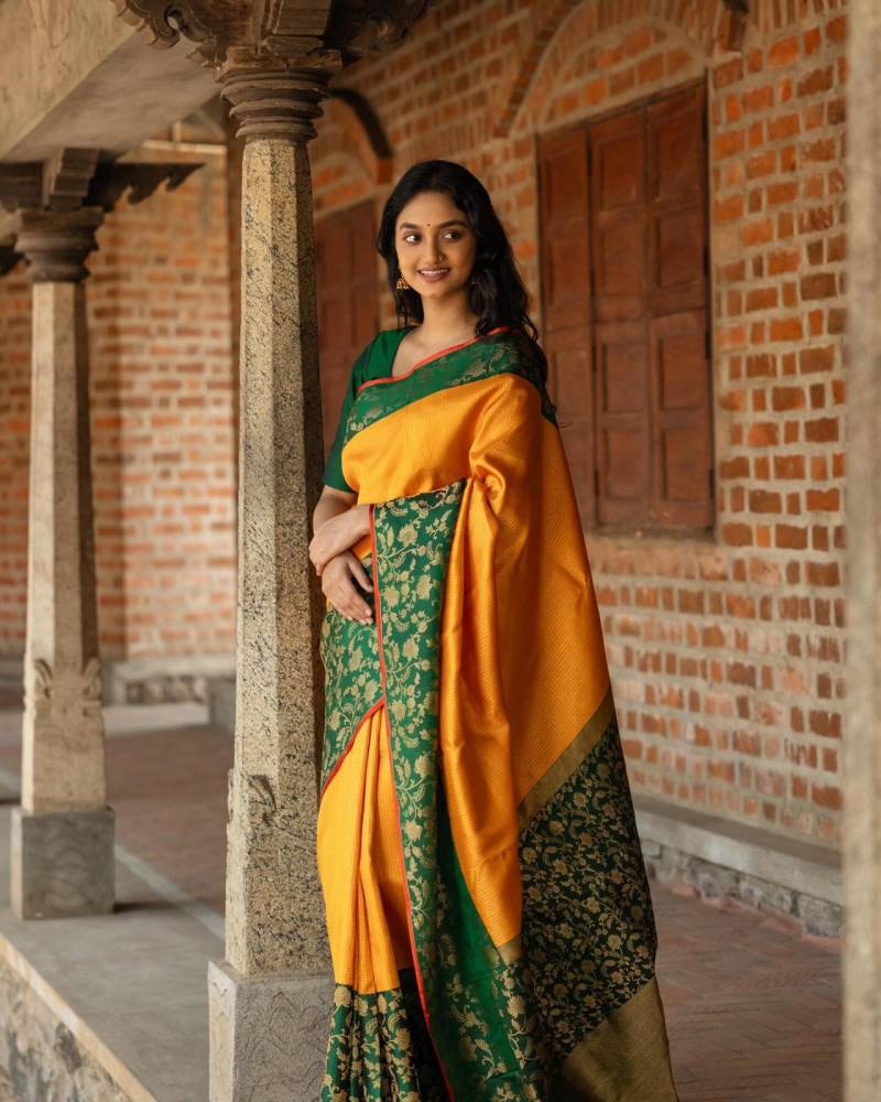 Aab Yellow Flower Lichi Silk Saree Collection