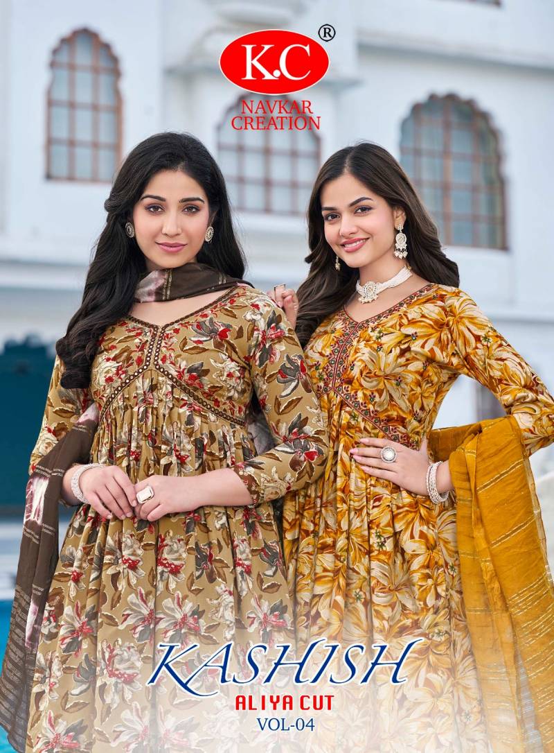 Kc Kashish Vol 4 Aila Cut Printed Kurti Bottom With Dupatta
