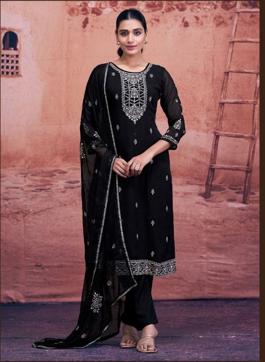 Four Dots Black Gold Viscose Jarkan Work Dress Material