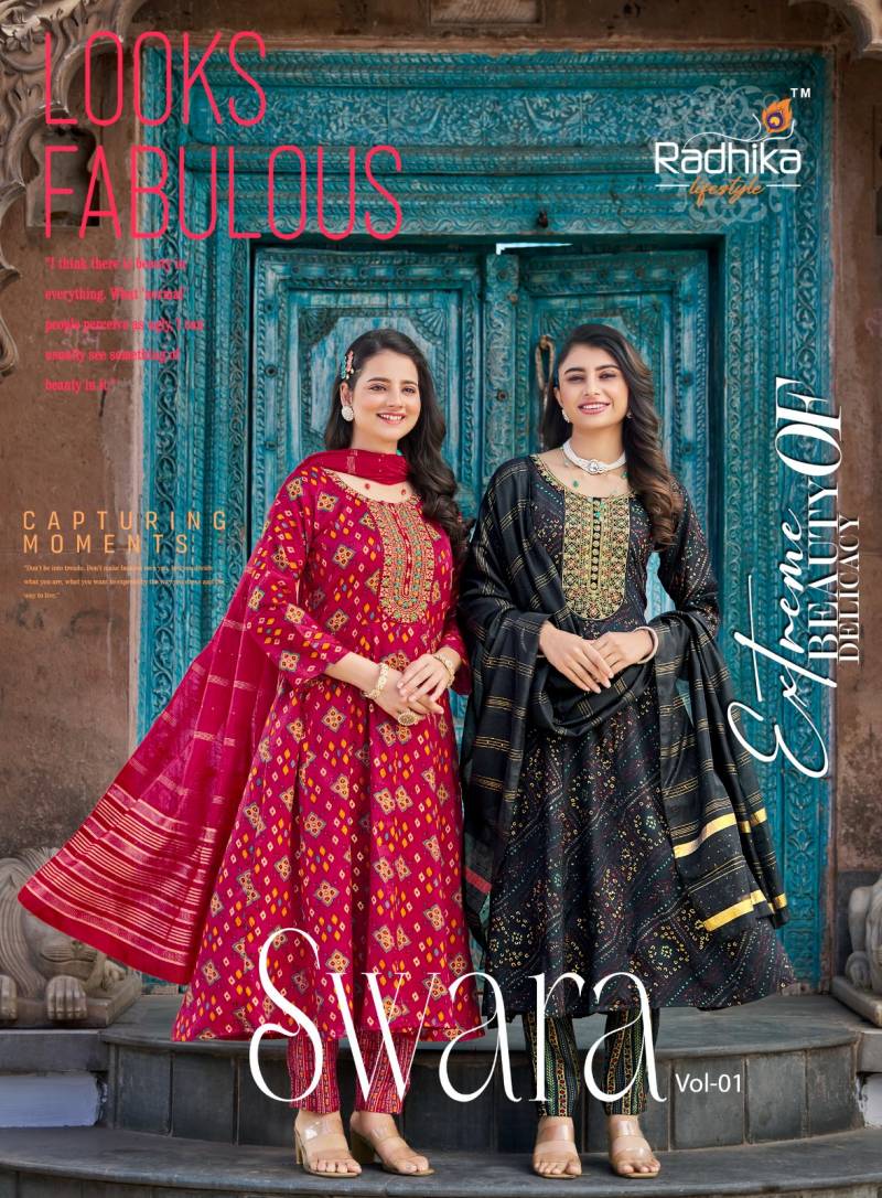 Radhika Swara Vol 1 Printed Anarkali Kurti Pant With Dupatta
