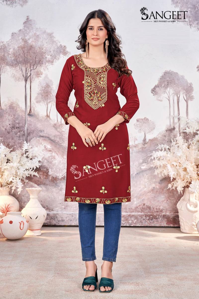 Sangeet Raashi Rayon Embroidered Short Kurti Collection
