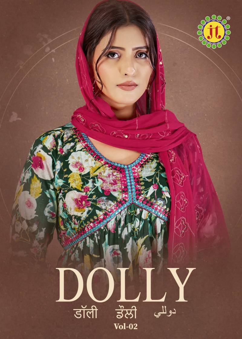 Jt Dolly Vol 2 Designer Printed Aila Cut Kurti Pant With Dupatta