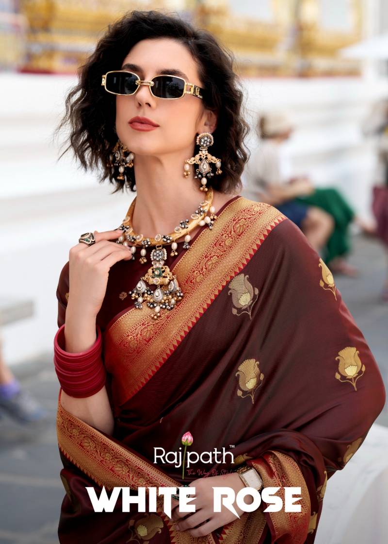Rajpath White Rose Satin Silk Saree Collection