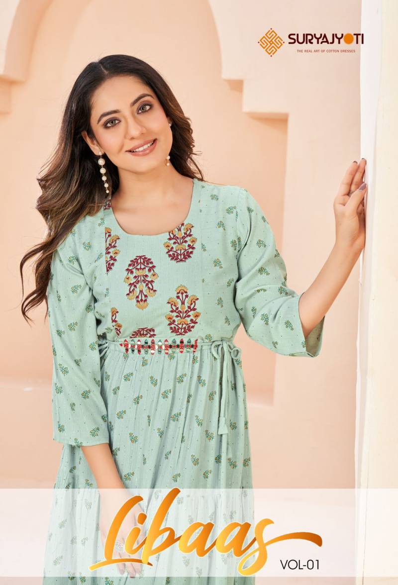 Suryajyoti Libaas Vol 1 Wrinkle Handwork Long Kurti Collection
