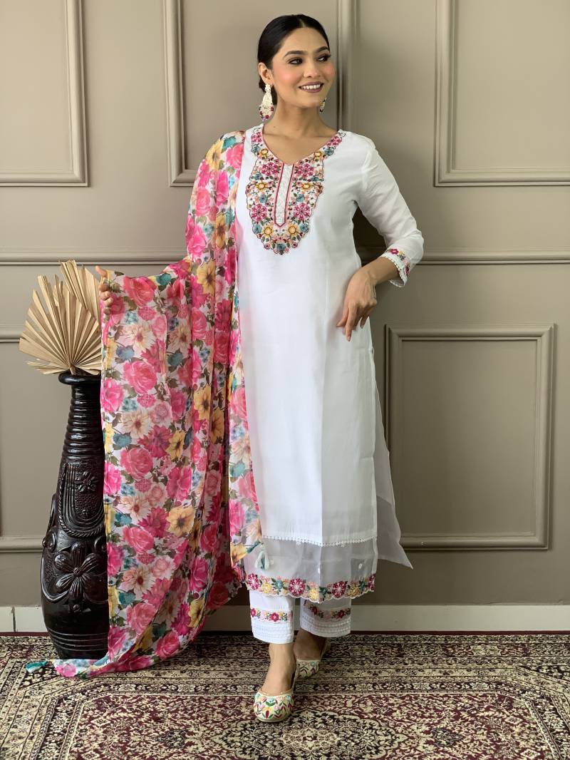 Sku 551 Off White Chanderi Designer Kurti Bottom With Dupatta