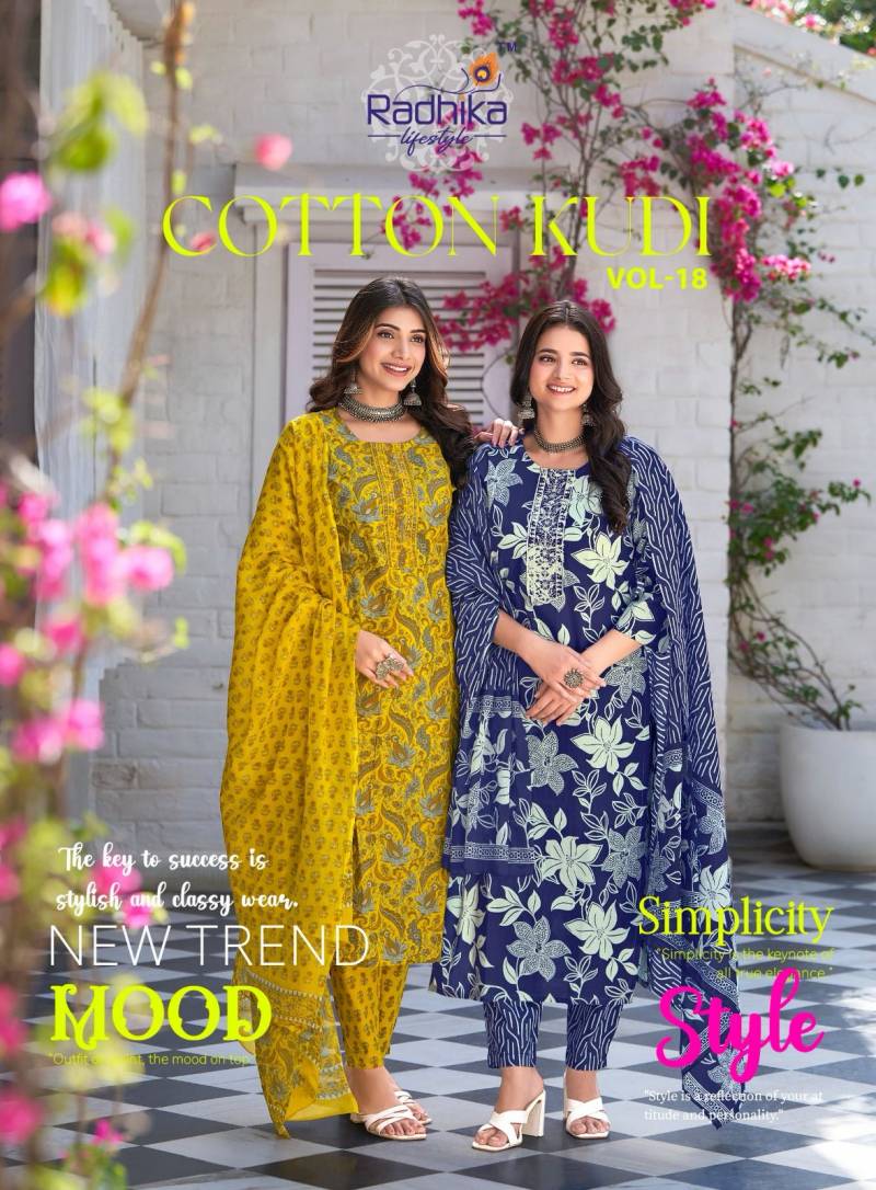 Radhika Cotton Kudi Vol 18 Printed Kurti Pant With Dupatta Collection