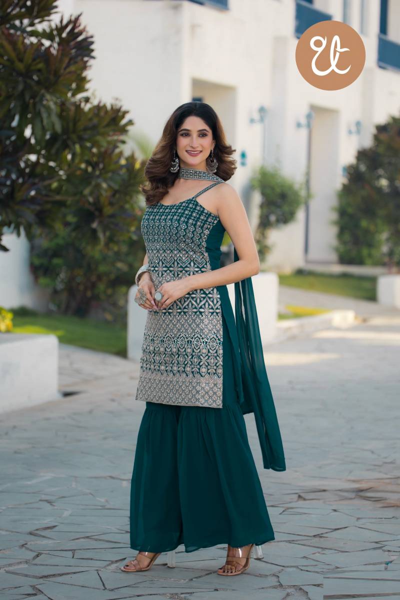 Th 004 A And D Blooming Designer Kurti Palazzo With Dupatta
