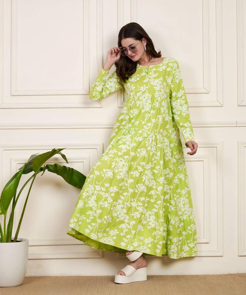 Radium Green Flared Latest Cotton Floral Printed Gown