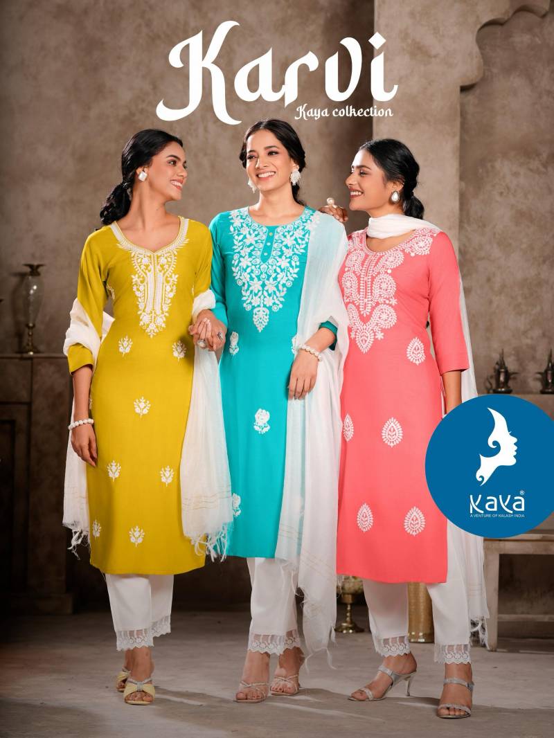 Kaya Karvi Rayon Designer Kurti Pant With Dupatta Collection