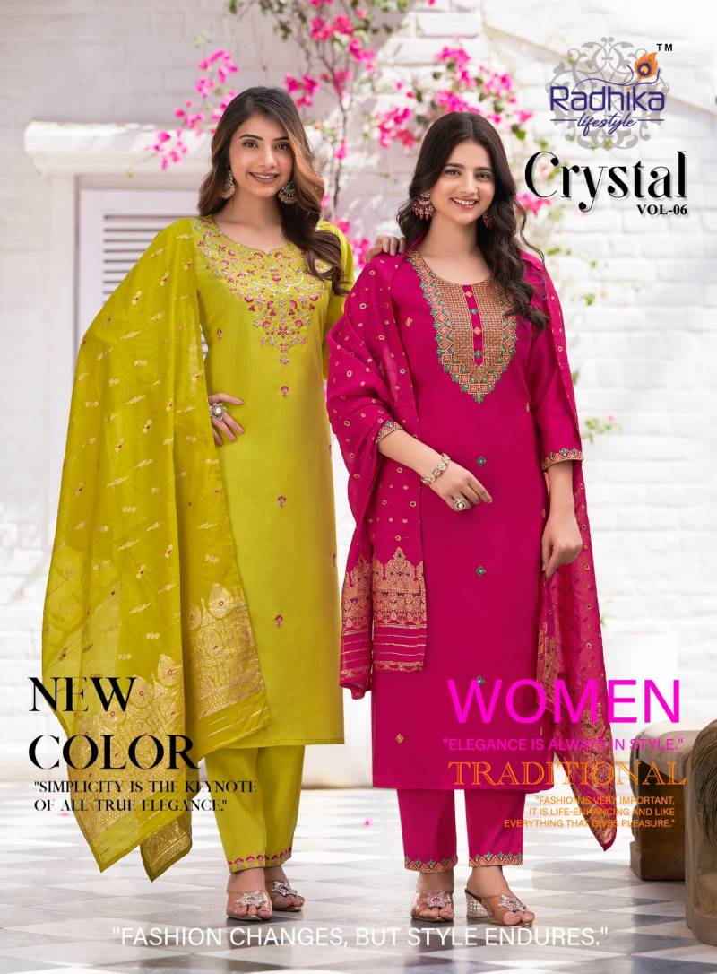 Radhika Crystal Vol 6 Roman Silk Kurti Pant With Dupatta