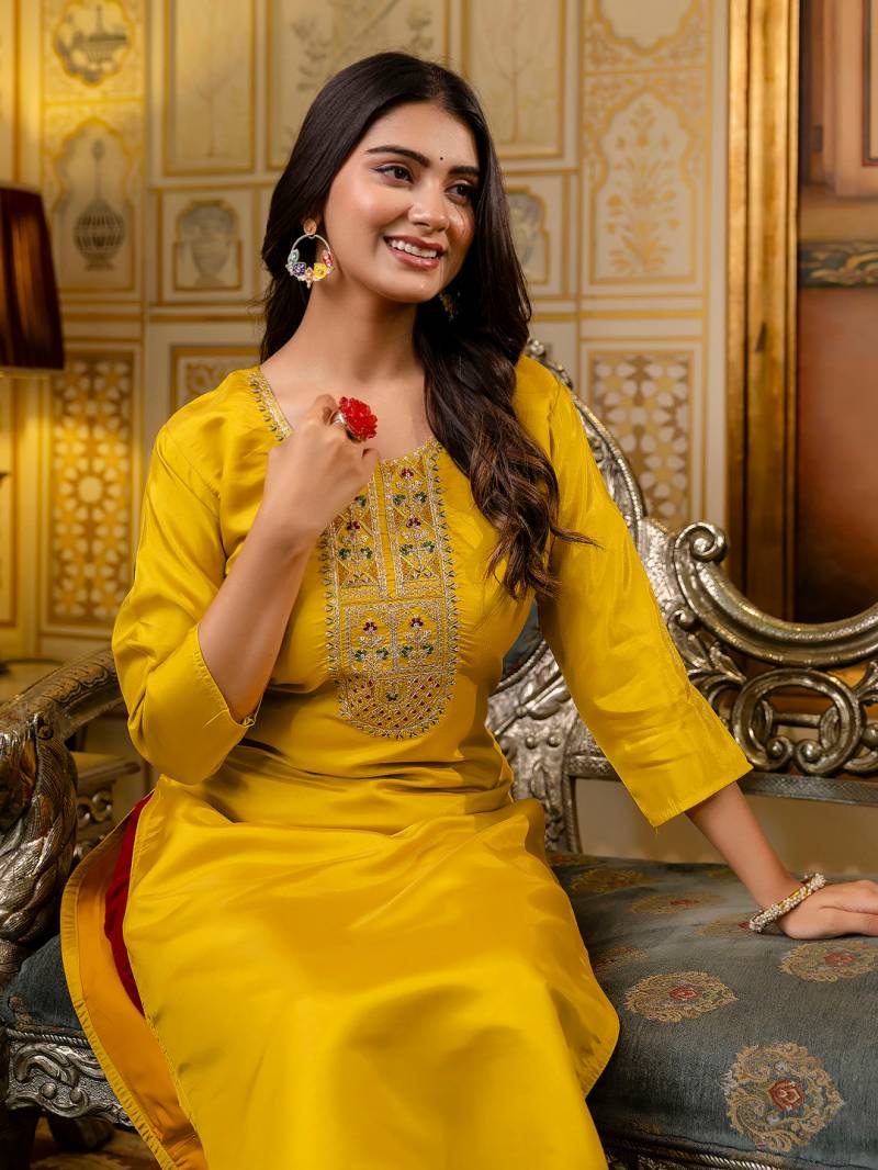 Vredevogel Venice Gold Silk Designer Kurti With Bottom Collection