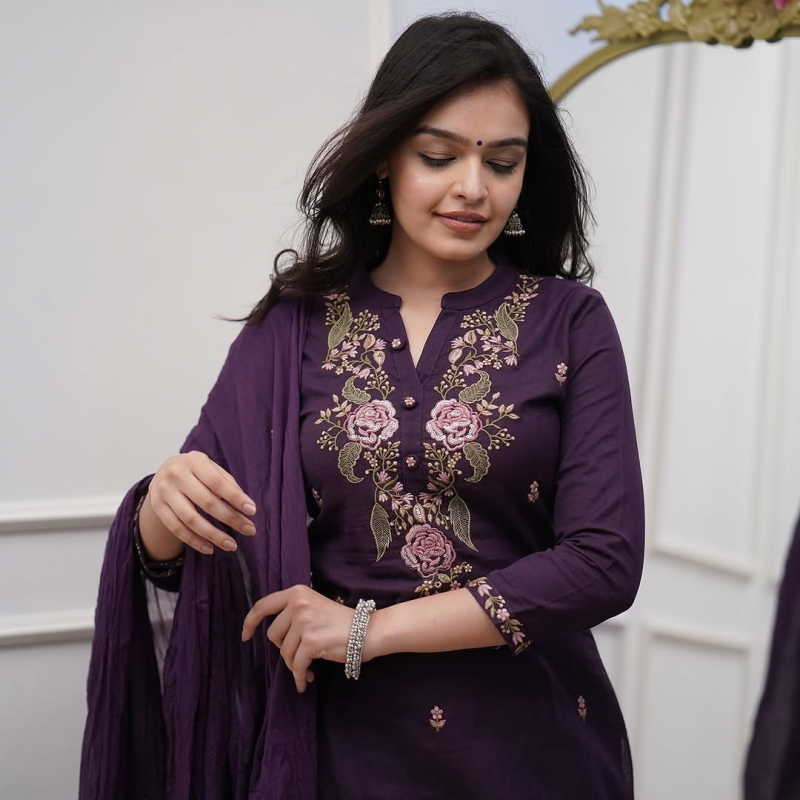 Satmonika Wine Embroidered Kurti Bottom With Dupatta