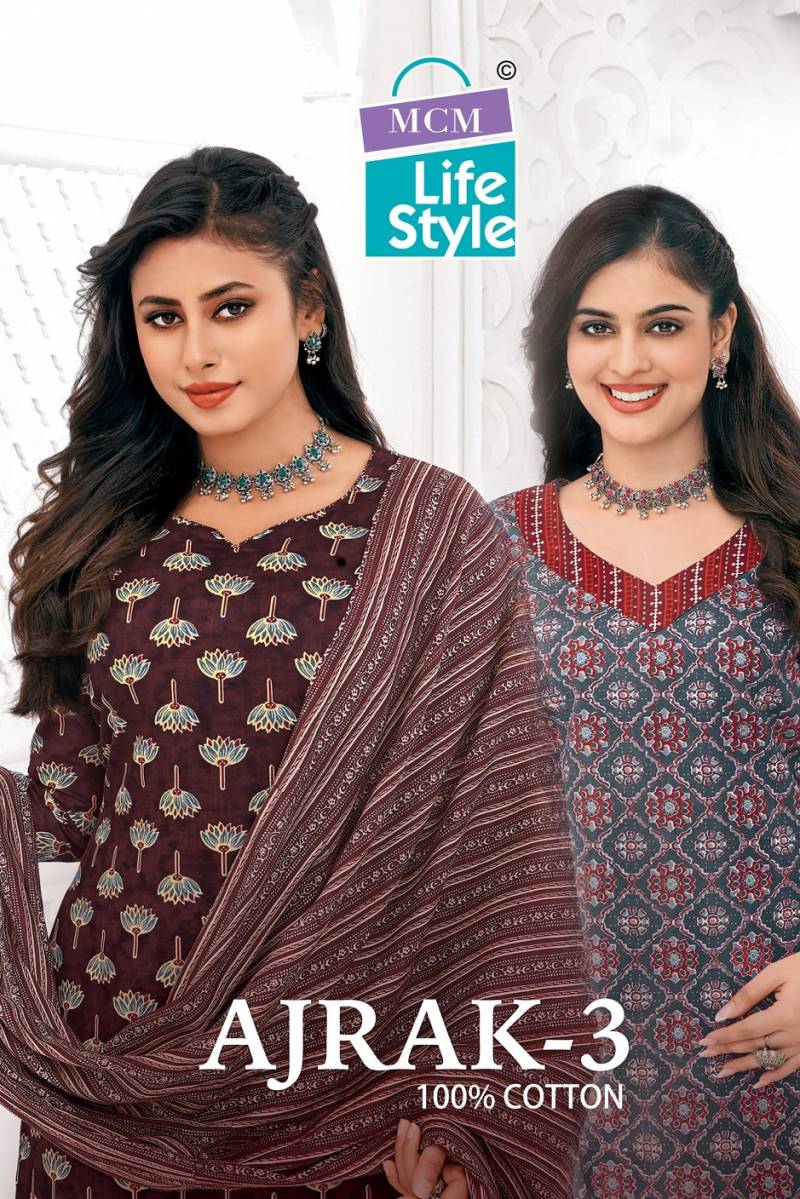 Mcm Ajrakh Vol 3 Cotton Kurti Pant With Dupatta Collection