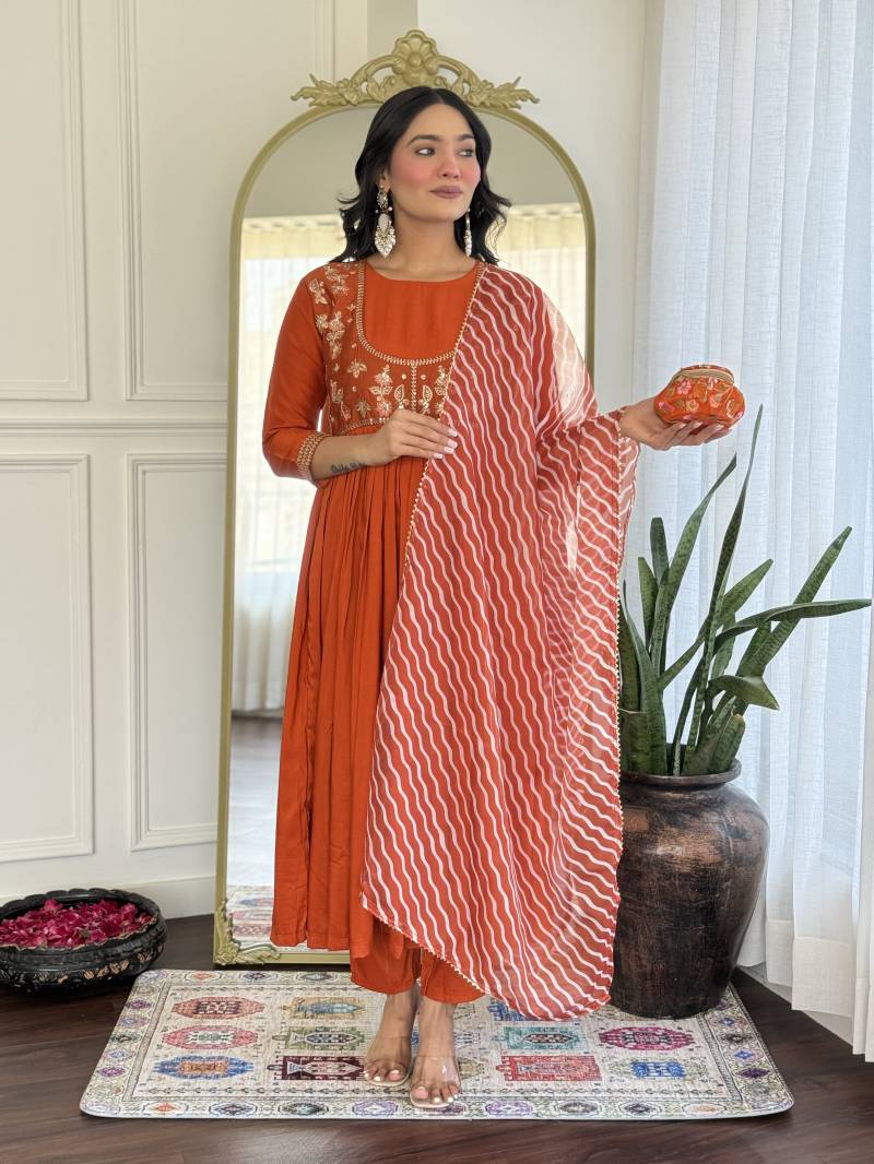 Aneri Orange Viscose Silk Fancy Kurti Bottom With Dupatta