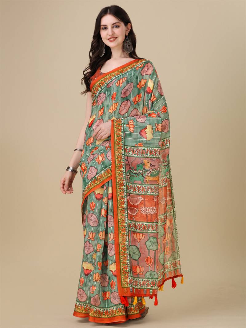 Kz Kalamkari Saree 1 Lilen Kalamkari Printed Saree Collection