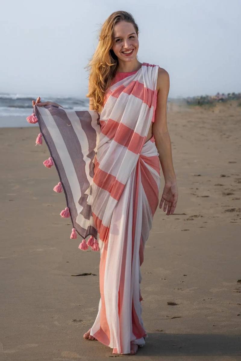 Kz Stripe Cotton Saree 1 Maslin Cotton Stripe Printed Saree