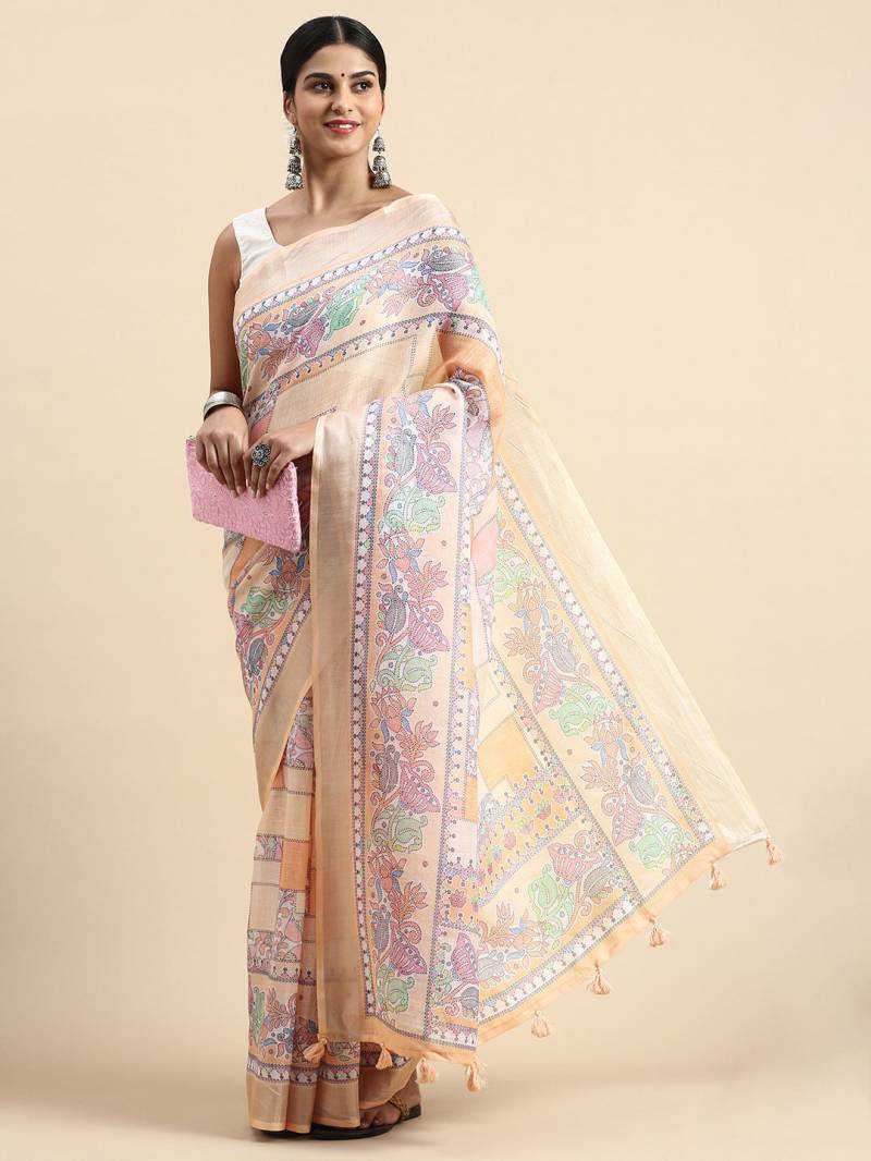Linen Kantha Saree 1 Lilen Zari Patta Stitch Printed Saree Collection