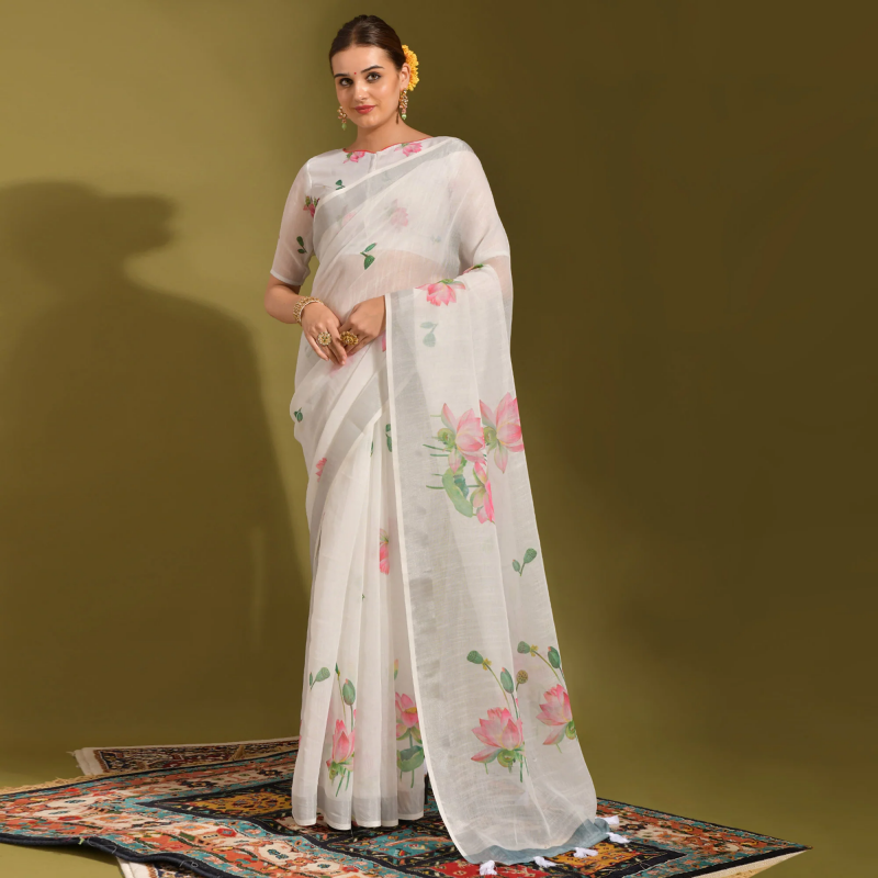 Linen Lotus Saree 1 Lilen Digital Floral Printed Saree Collection