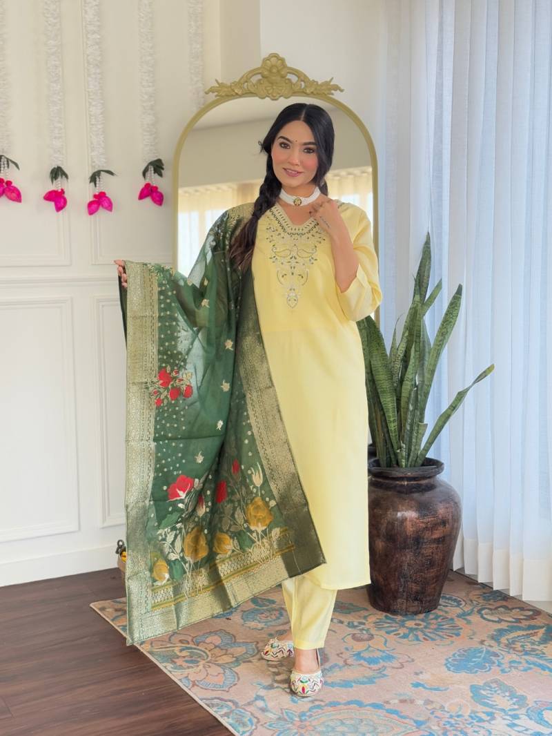 Ms Kervi Viscose Fancy Neck Work Kurti Bottom With Dupatta