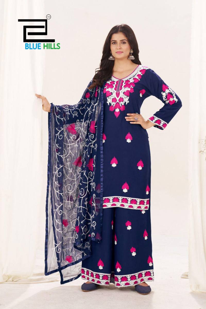 Blue Hills Pink Lotus Thread Work Kurti Bottom With Dupatta Collection