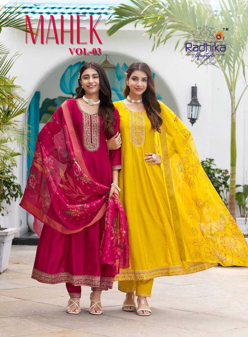 Radhika Mahek Vol 3 Vichitra Silk Anarkali Kurti Pant And Dupatta Collection