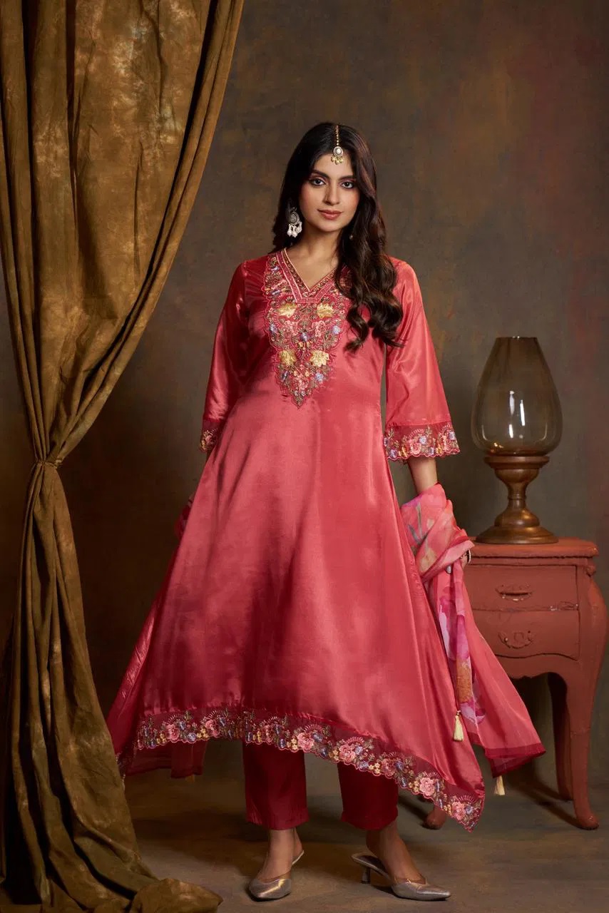 Vazi Janvi Ho Silk With Handwork Long Kurti Bottom And Dupatta