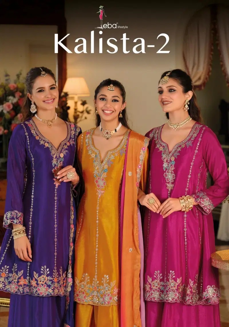 Eba Kalista Vol 2 Chinon Embroidery Work Salwar Palazzo Set With Dupatta