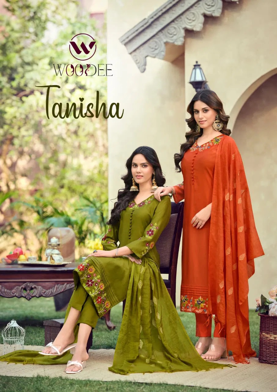 Woodee Tanisha Viscose Threadwork Kurti Pant And Dupatta Collection