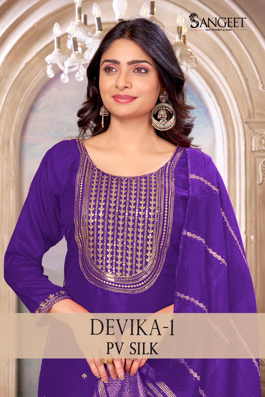 Sangeet Devika Vol 1 Silk Embroidery Kurti With Bottom Dupatta
